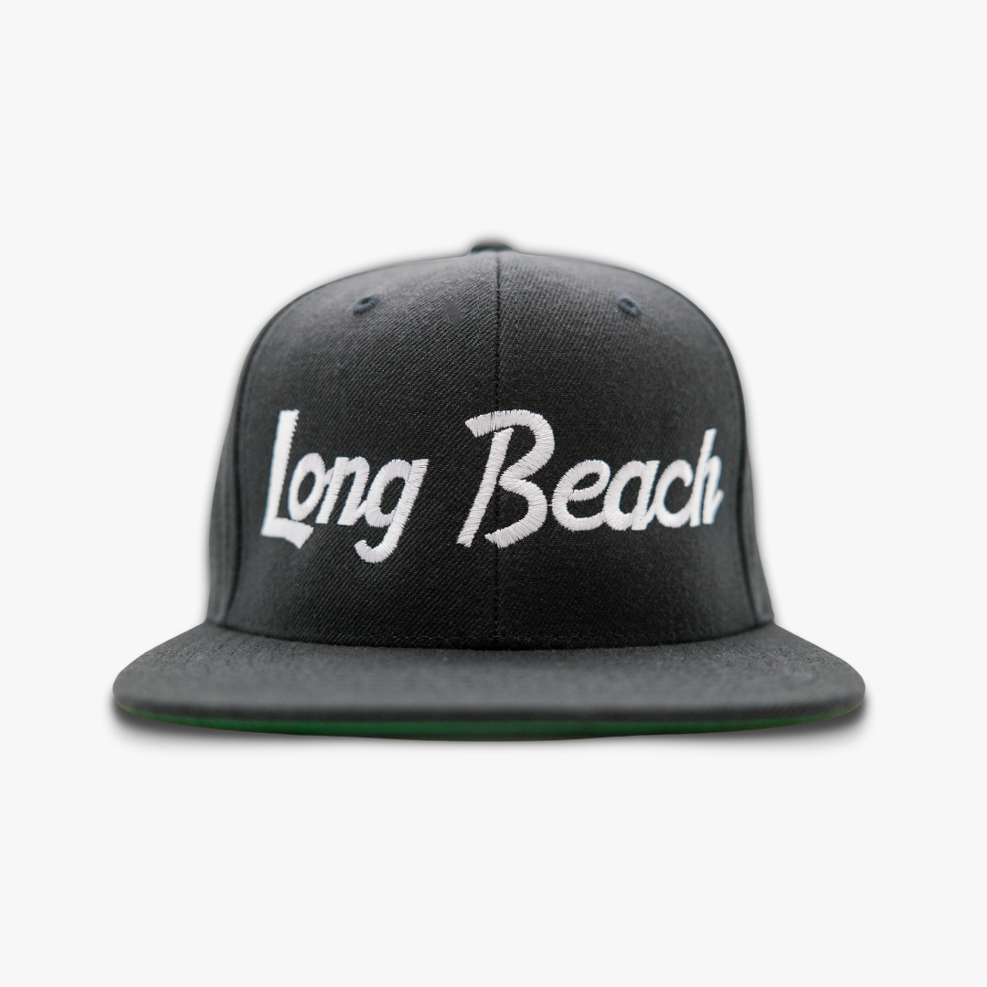 Retro Long Beach Snapback Hat - White Script